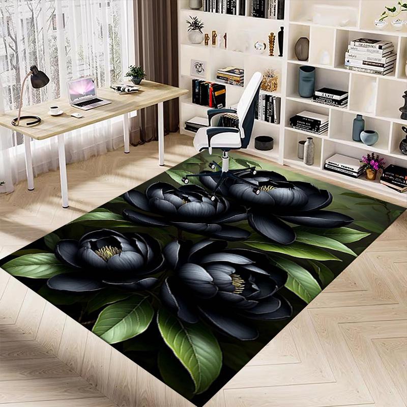 1PC Black Magnolia Flowers Non-Slip Floor Carpet Compatible for Office&Living Room&Bedroom&Dining Room - Flat-Weave Machine-W318