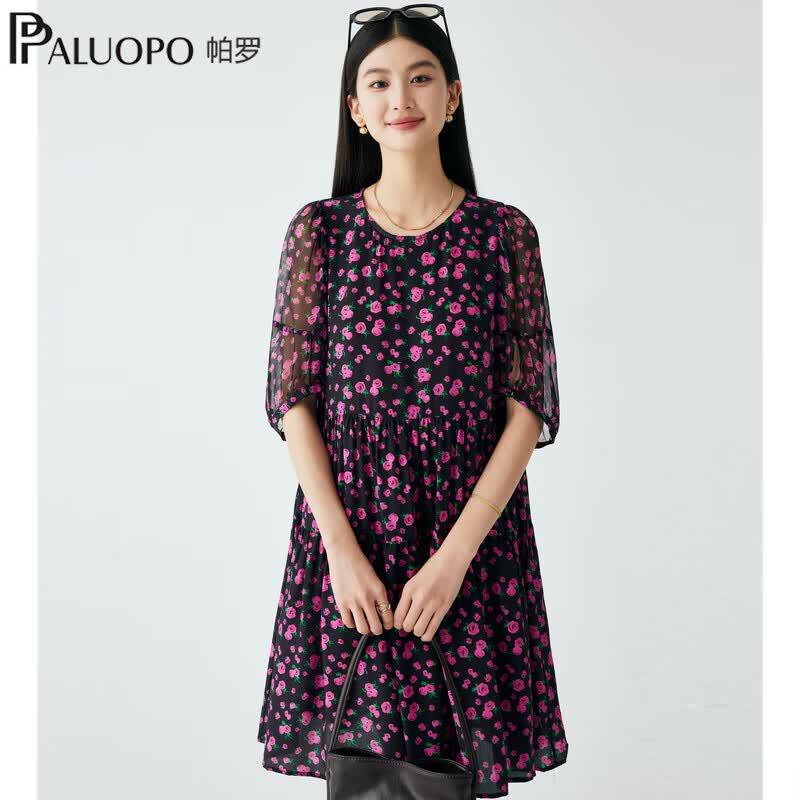 PALUOPO Women s Summer Floral Silk A-line Midi Dress M (160/84A)