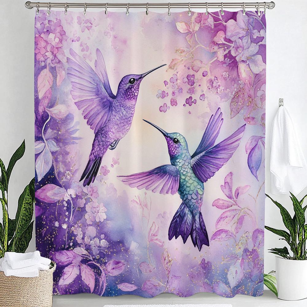 1pc Flowers Hummingbird Shower Curtain: Embrace the Artistic Design, Floral Bathroom Decorative Curtain, Home Curtain with Hooks