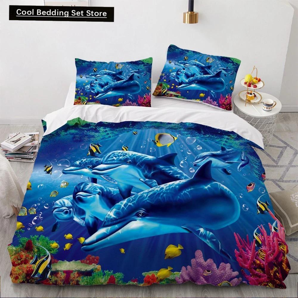 Dolphin Ocean King Queen Duvet Cover Cute 3D Sea Animal Bedding Set for Kids Teens Adults Shoal of Fish Blue 23pcs Quilt Cover