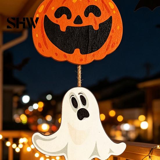 Funny Cartoon Party Wall Decorations Halloween Wooden Hanging Ornament, Jack-o'-Lantern Ghost Bat 3-Tier String Door Hanger, Cute Spooky Festival