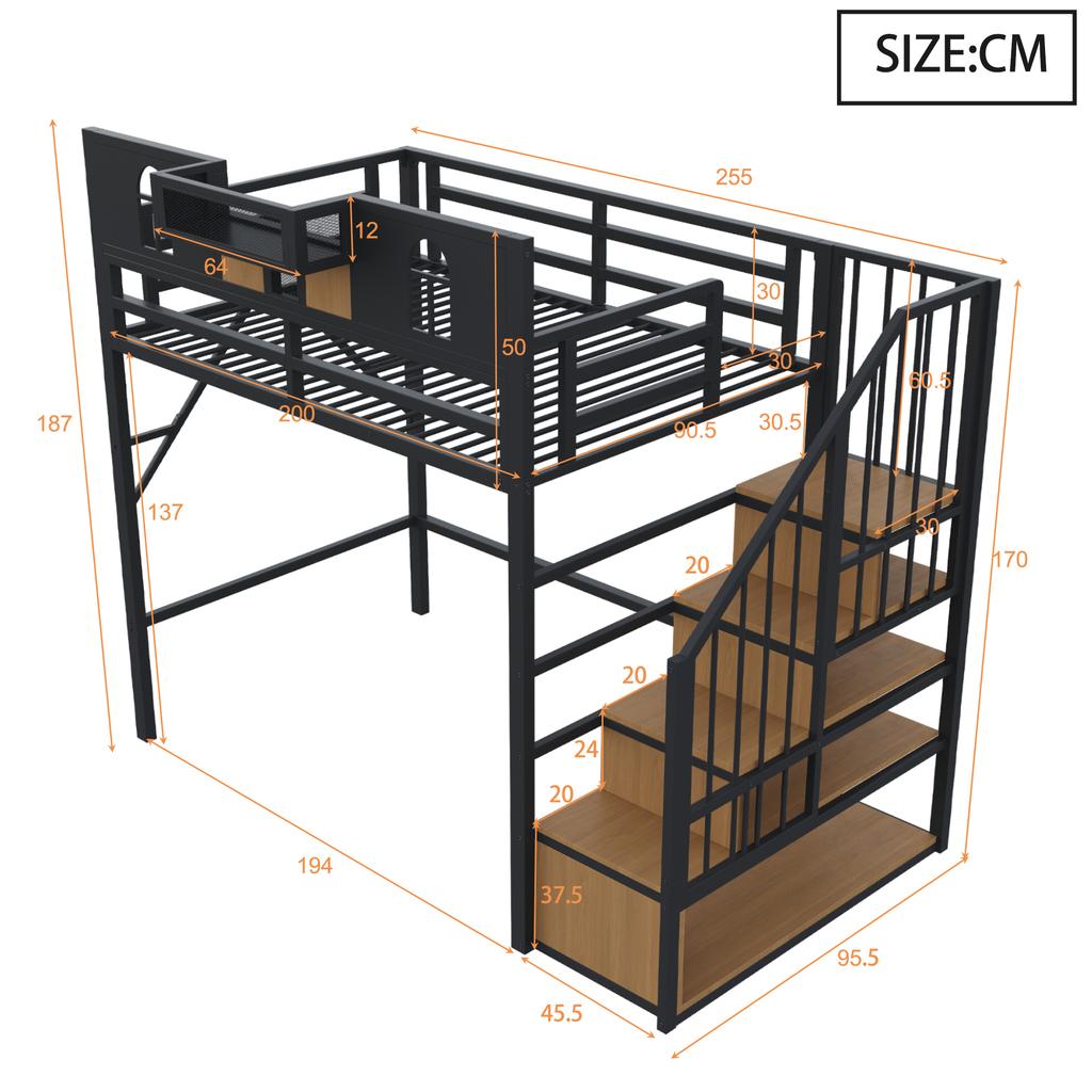 Letto a castello in metallo 90 x 200 cm, Con scala contenitore e striscia luminosa, Finestra, Pannelli in legno ed elementi a griglia metallica, Robusto telaio in metallo, Nero
