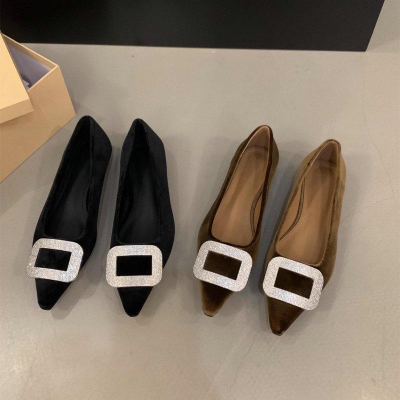 Fashion Flat Shoes Women's Shoes 2025 New Spring and Autumn Pointed Black French Rhinestone Suede Outdoor Plus Size Women's Shoes