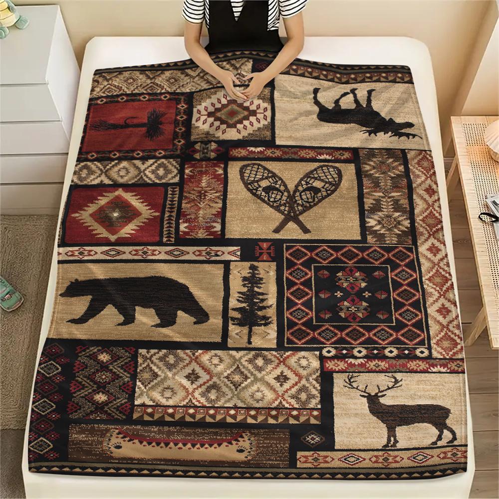 1Pc Cabin Bear Print Flannel Blanket, High Quality Comfortable for All Seasons, Home Decor, Warmth and Comfort, Perfect for Gifts