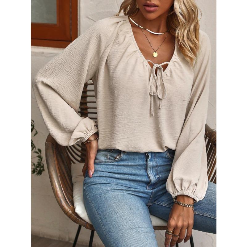 Women s Beige V-Neck Tie Front Puff Sleeve Blouse S