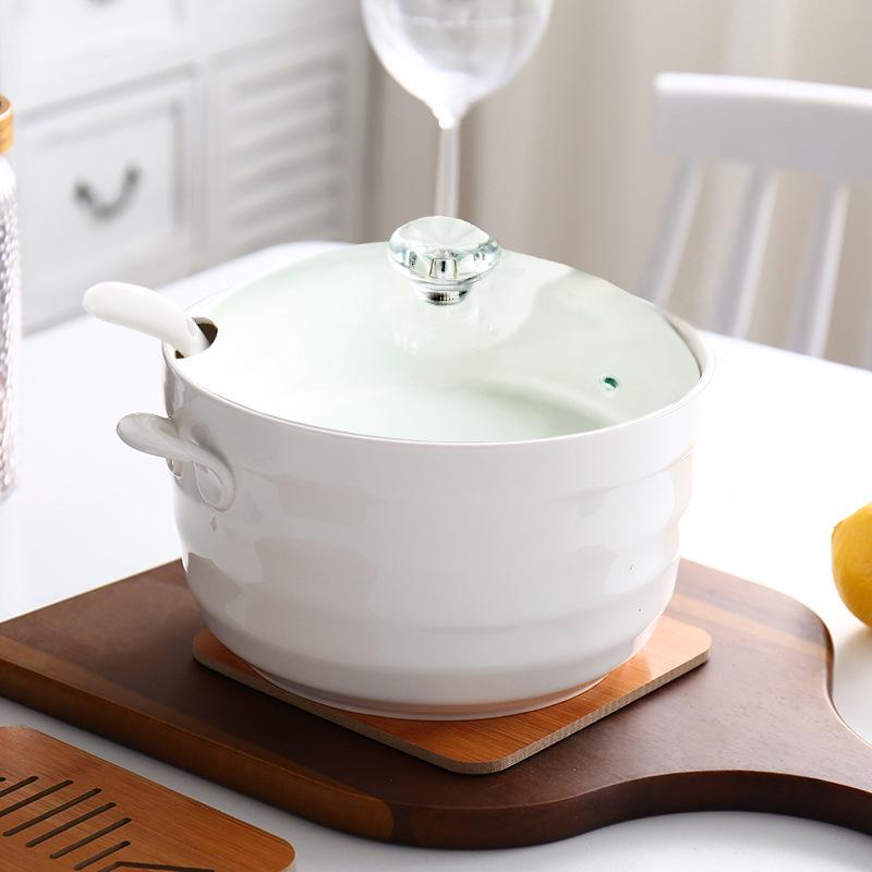 Double Ear Ceramic Soup Bowl Set with Lid - Microwave Safe, Includes Large Spoon and Tureen, Pure White, Creative Design (8 Bowls)