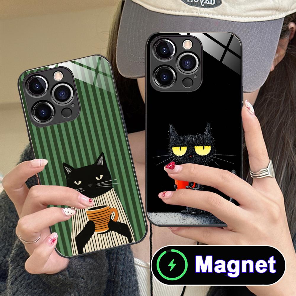 Cute Coffee Cat Glass MagSafe Mobile Phone Case for iPhone 17 16 15 14 13 12 11 Air Pro Max Plus Mini Colorful Cover