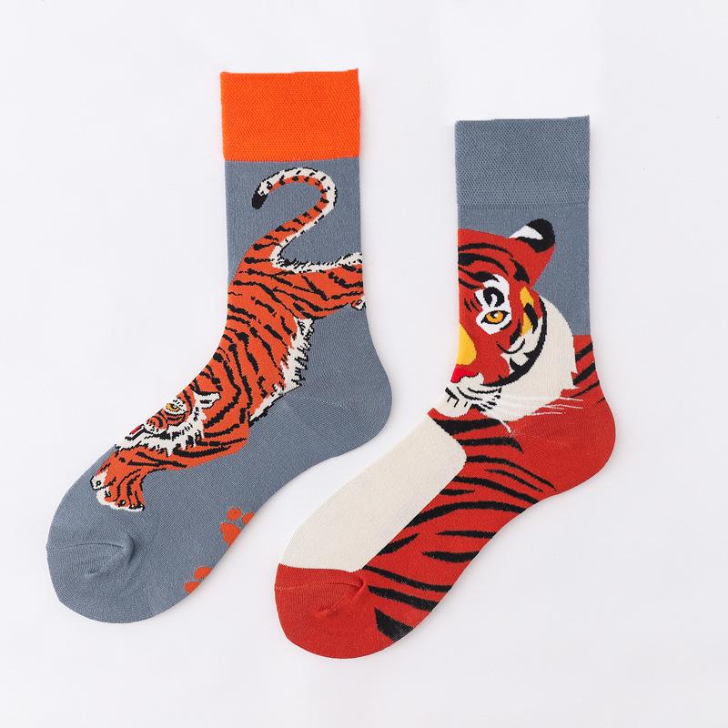 Personalized Cartoon AB Mismatched Socks Fashion Crew Couple Cotton Socks Women's Fancy Flower Fruit Tiger Print Funny Socks