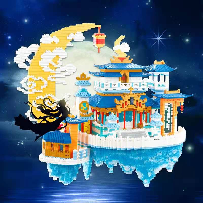 China Mythological Architecture Micro Daimond Block Moon Palace Building Brick Construction Toy Nanobrick Collection With Light