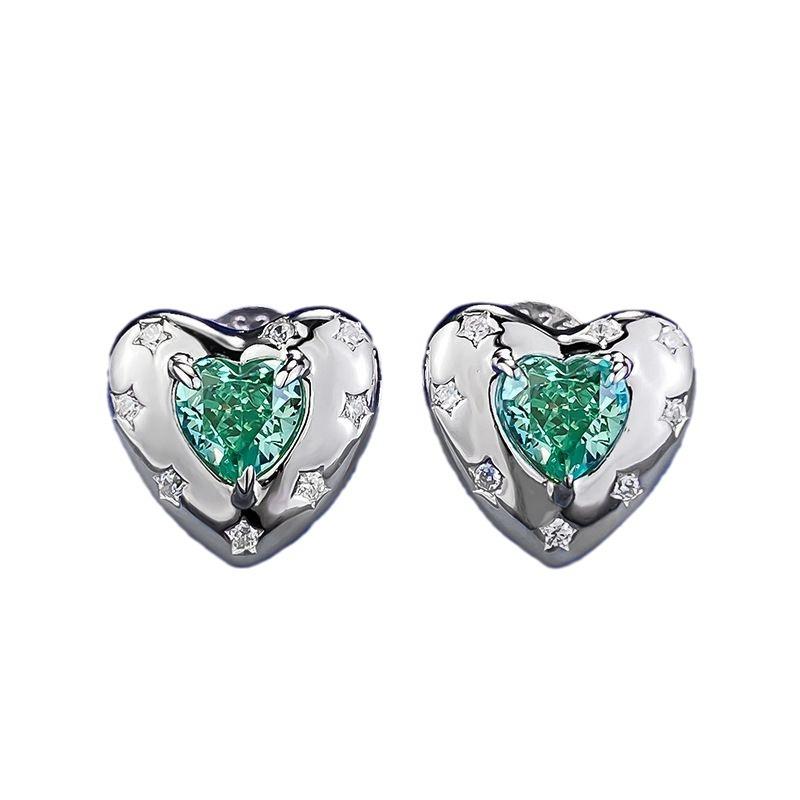 Lulu Tong S925 Silver Paraiba Heart-Shaped Stud Earrings - Fashionable Commuting Style, Available for Live Streaming