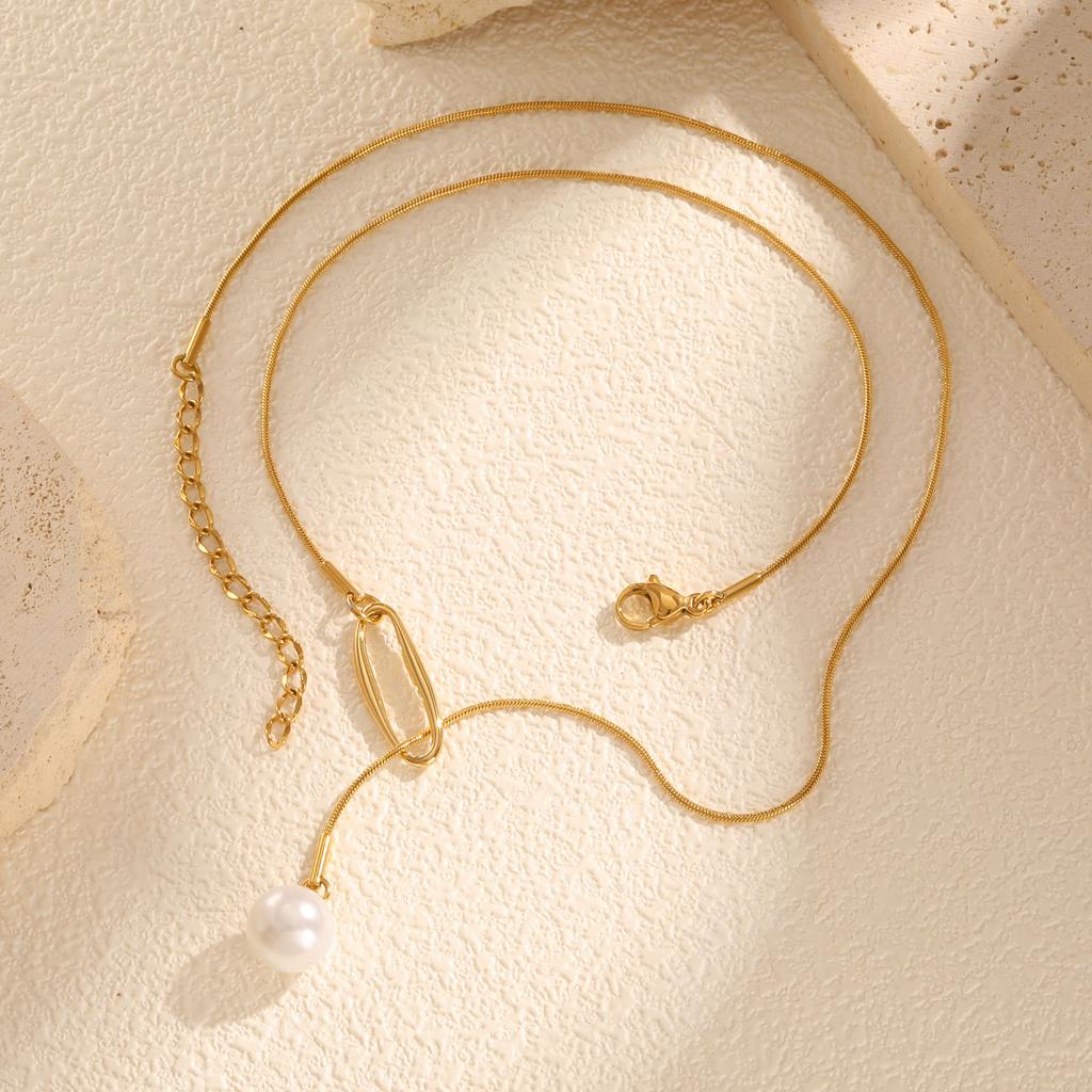 Stainless Steel Round Snake Chain Hollow Geometric Accessories Imitation Pearl Y-Shaped Necklace Women'S, Accessories Nc-