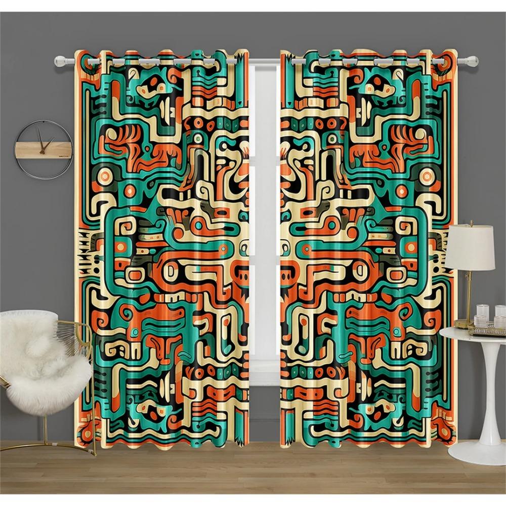 3D Aztec Pattern Decorative Curtains Masks Regional Style Print Curtains Bedroom Living Room Kitchen Decor 2 Pcs