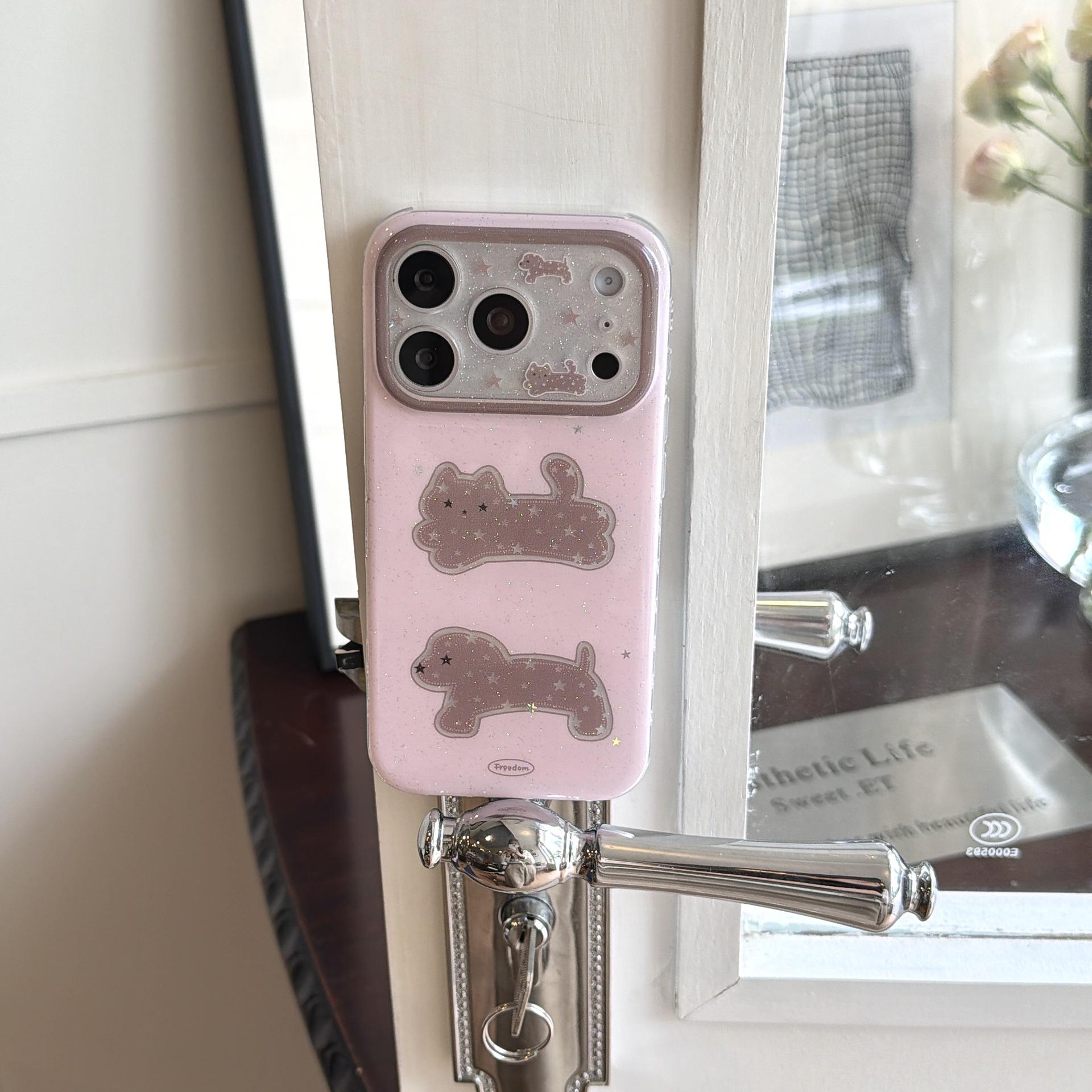 

Adorable Pink Star Cat & Puppy Phone Case with Stand for iPhone 16/15/17 Pro Max iPhone 14