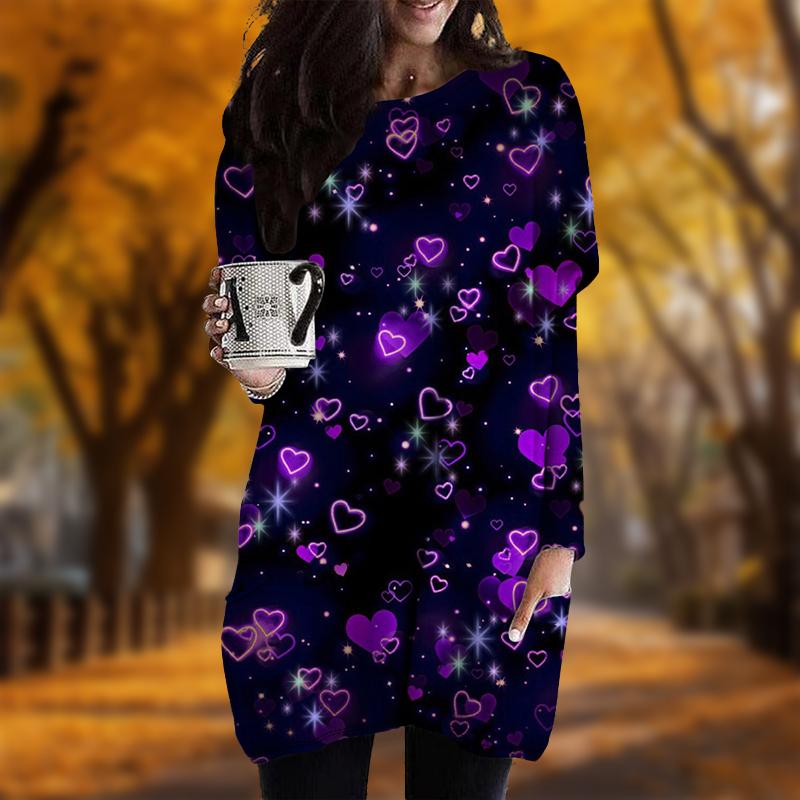 

Новинка осени Неоновый принт Love Plus Size Dress Женские повседневные платья с круглым вырезом и длинными рукавами с карманами 8XL фиолетовый