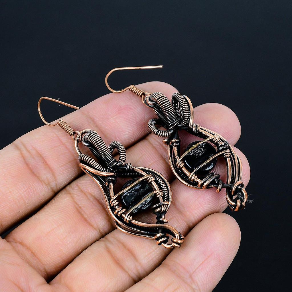 Black Onyx 999 Copper Wire Wrapped Earrings, Handmade Gemstone Jewelry Earrings For Memorial Day