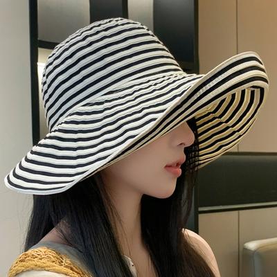 Women Wide Brim Sun Hat UV Protection Striped Beach Floppy Hat Foldable Packable Bucket Hat for Women And Girls