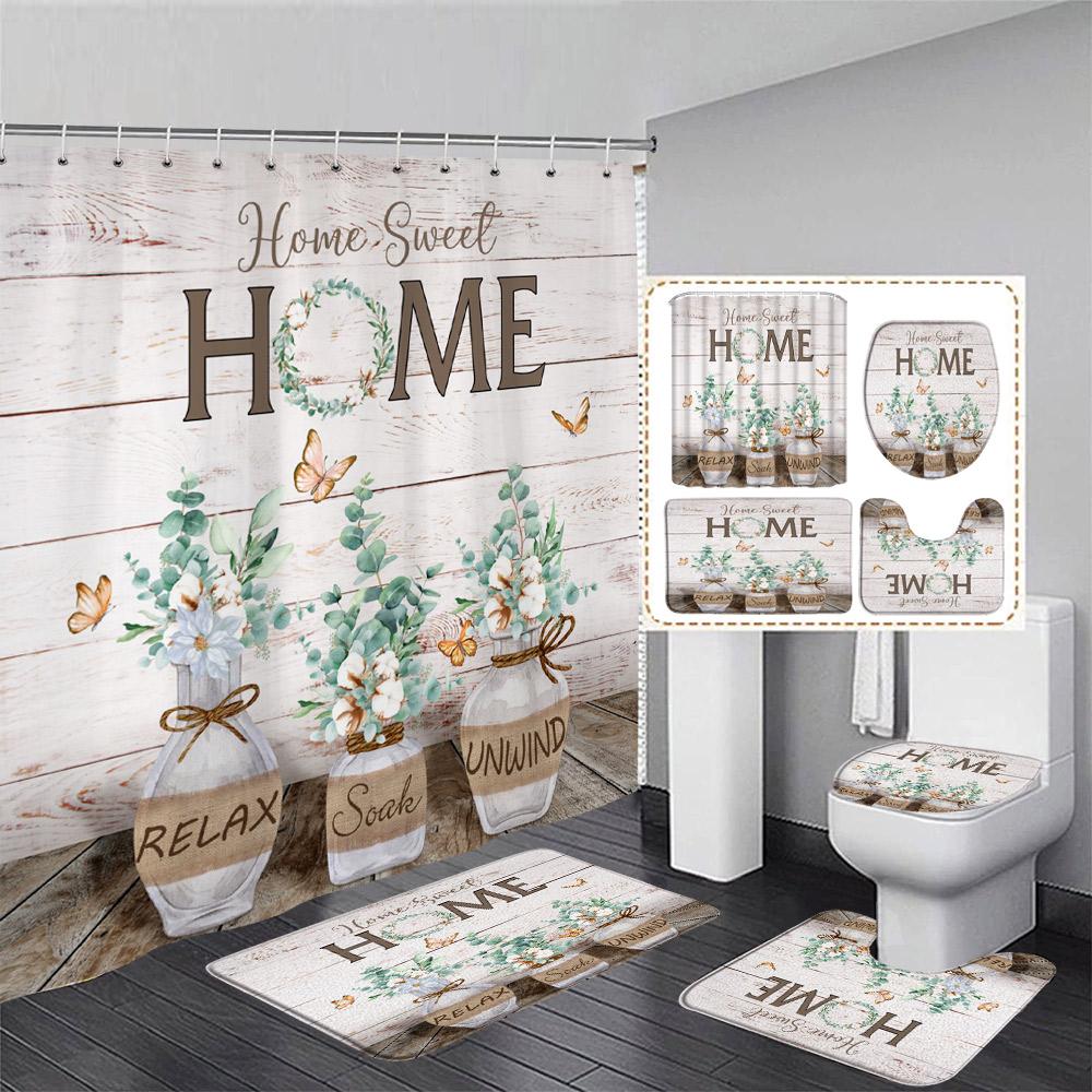 Rustic Wood Plank Sunflower Shower Curtain Set Butterfly Yellow Floral Plant Home Bathroom Decor Rug Bath Mats Toilet Lid Cover
