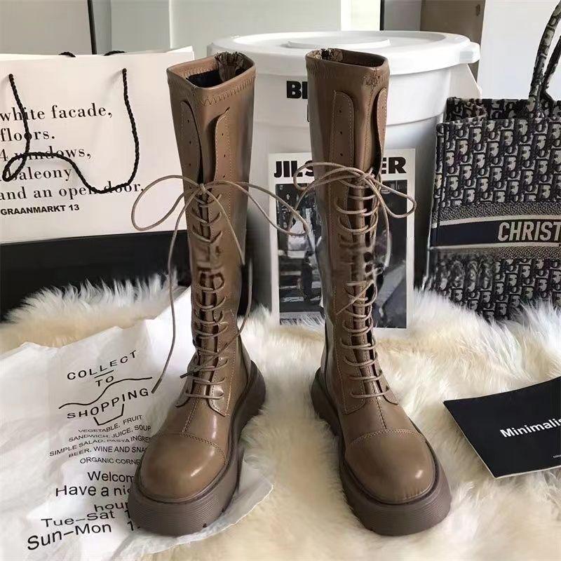 Boots Women's Knight Boots 2025 Autumn and Winter New White Platform Boots Thick Legs Lace-Up Tall Martin Boots