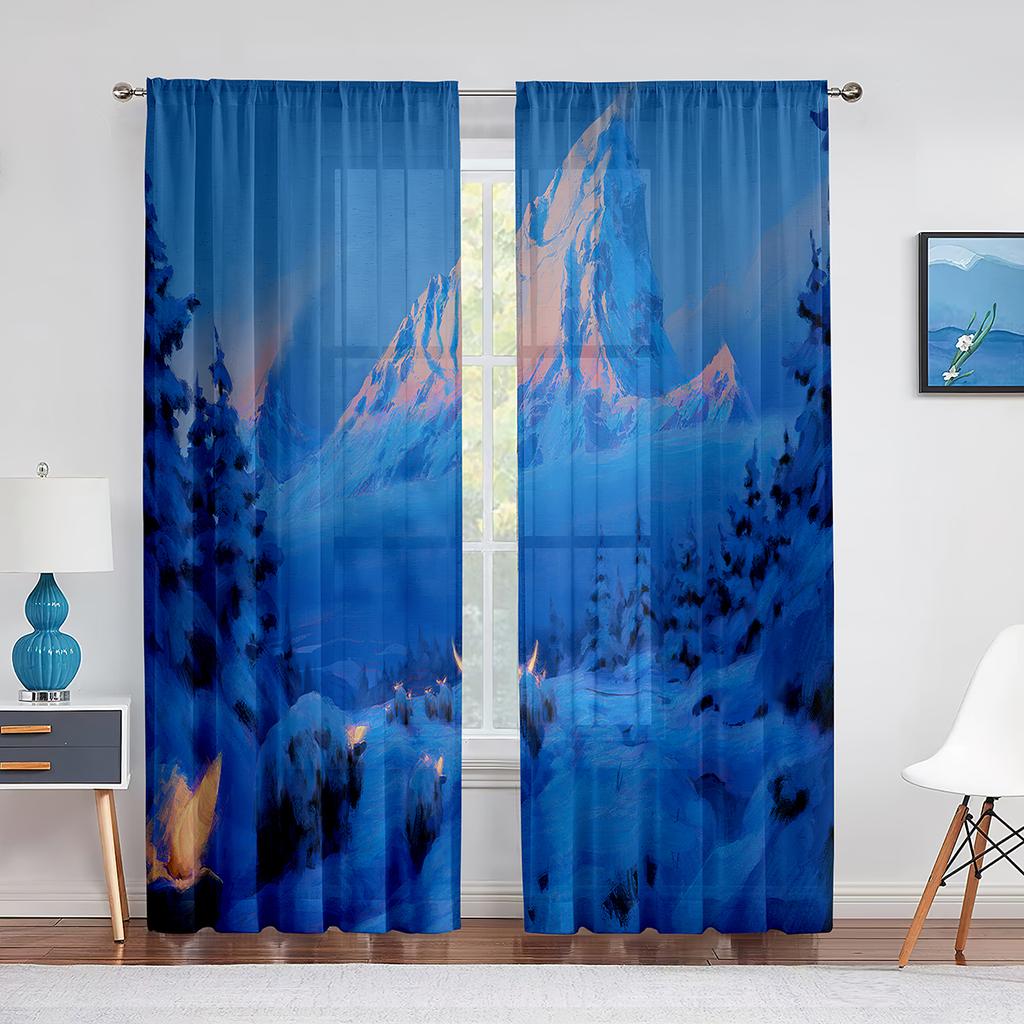 Winterwald-Berglandschaft mit schneebedeckten Bäumen, transparente Voile-Vorhänge für Wohnzimmer, Schlafzimmer, Tüllvorhänge, Fensterbehandlungen