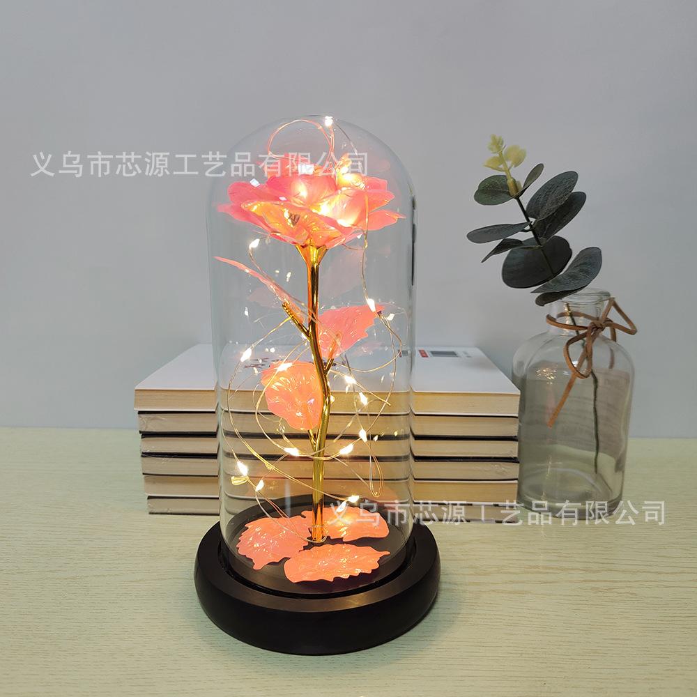 Fabrika Altın Yaprak Gül Çiçek Cam Kapak LED Lamba Simülasyon Çiçek Sevgililer Günü Hediyesi Yaratıcı Hediye Dekorasyon Süsleri