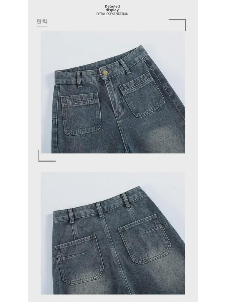 Women's High-Waist Cement Gray Wide-Leg Jeans - Nostalgic Pocket Design