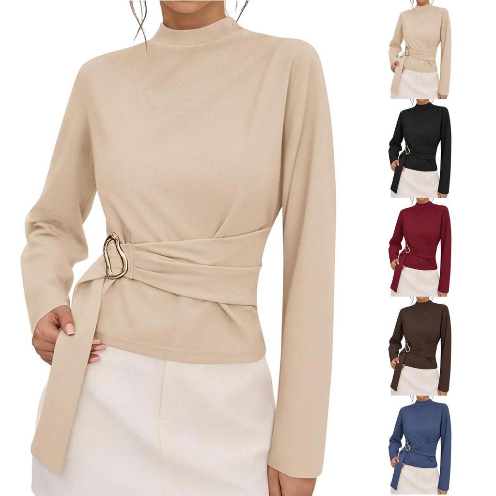 Women's Casual Slim Fit Asymmetrical Neckline Pleated Top for Everyday Layering