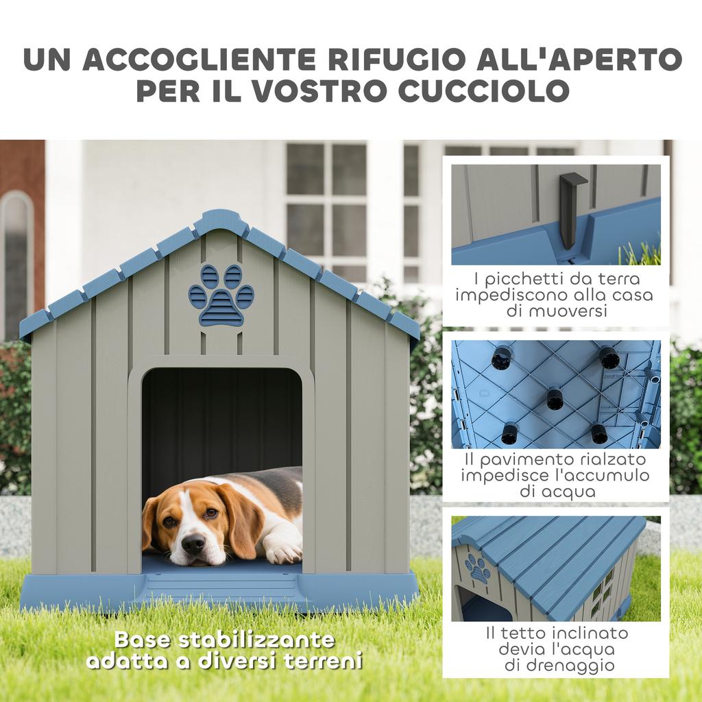Waterproof Outdoor Dog House for Medium Size Dogs with Raised Base and Windows, 85x79x82 cm, Grey