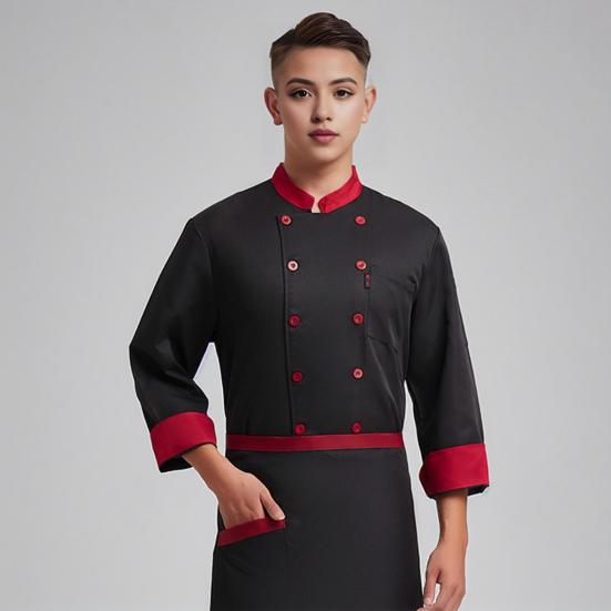 Unisex-Kochuniform mit Brusttasche, Stehkragen, langärmelig, zweireihig, Kochhemd