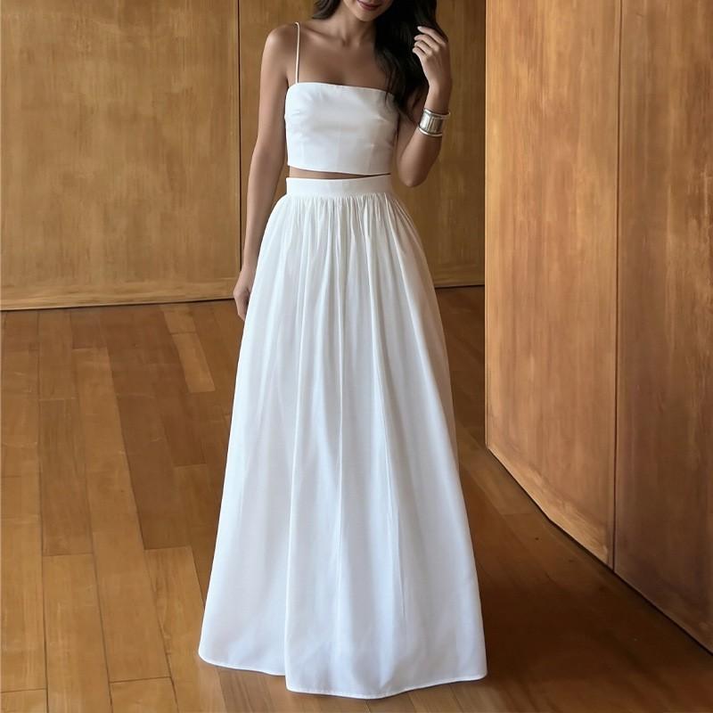 2026 Womens Solid Color Sleeveless Camisole Top Maxi Skirt Set Elegant Office Casual Two-Piece Outfit