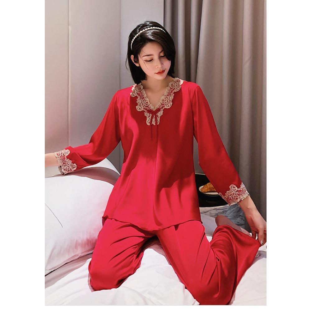 GMXIA Spring and Autumn Pajama Women's Long-sleeved Ice Silk Lace Sexy Loose Pullover Silk Home Wear Summer Pajama Sets