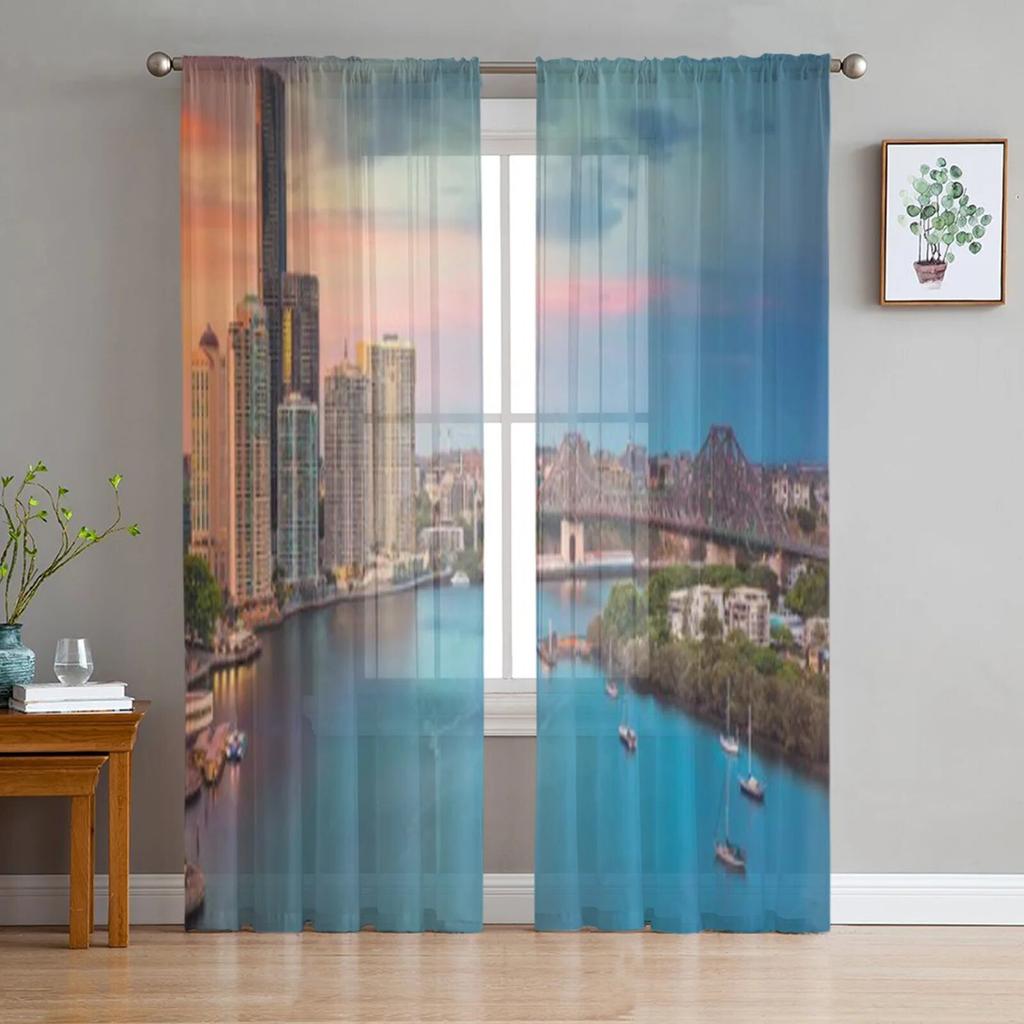 Sunset Sky At Brisbane Australia With Reflection Dramatic Chiffon Sheer Curtains Living Room Bedroom Window Voiles Tulle Curtain
