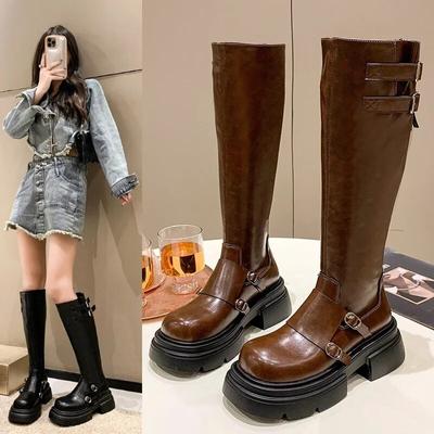 Frau Stiefel Kniehohe Platfrom Nieten Frühling Winter Ritter Kampf Gothic Elegante Mittlere Ferse Damen Schuhe Motorrad Schuhe