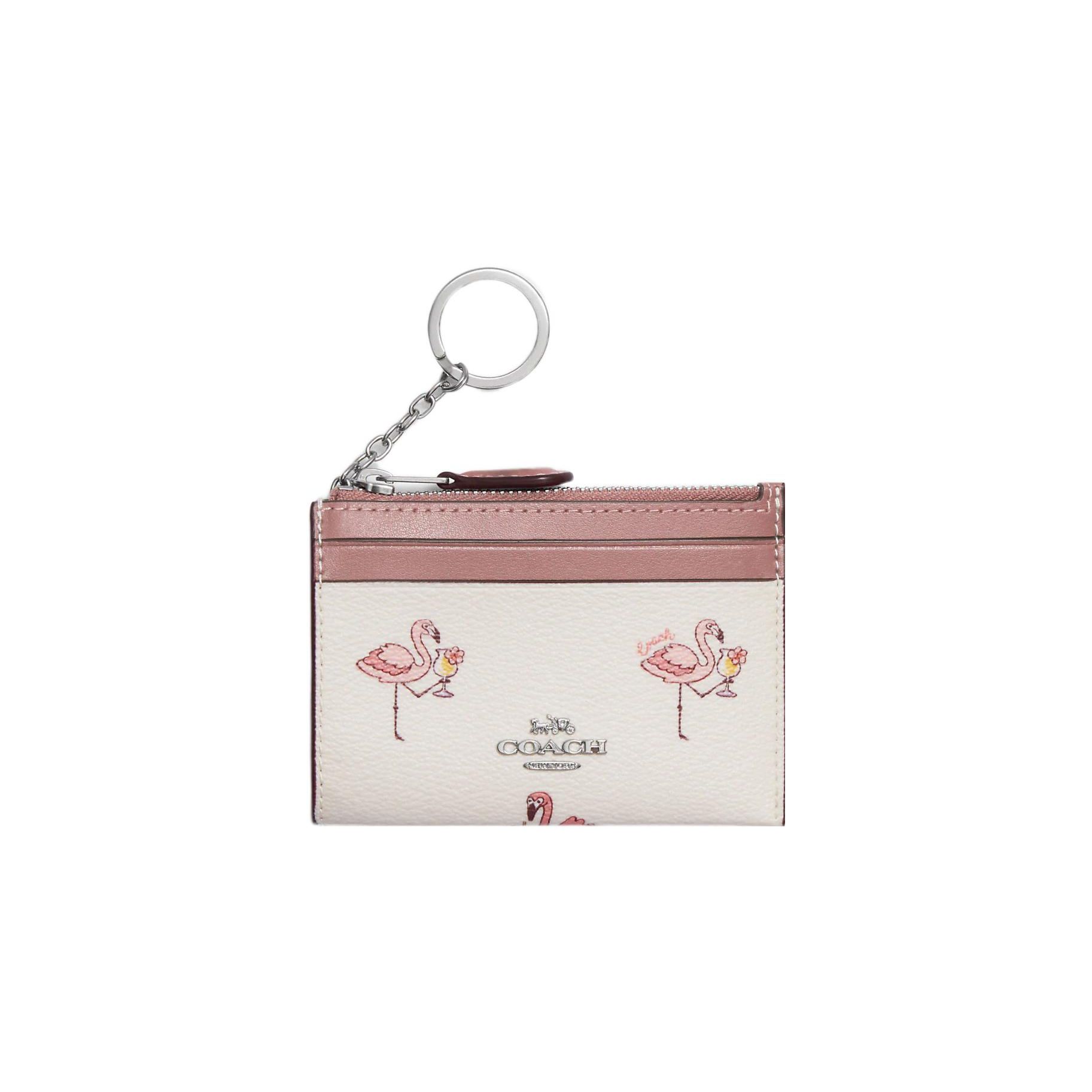 

Coach Skinny Id Case 11 Silver Logo Flamingo Print Zipper Closure Coated Canvas And Leather Card Wallet Women wallet Light-Pink CK421-SVTLM Basic Set (Bag+Dust Bag)