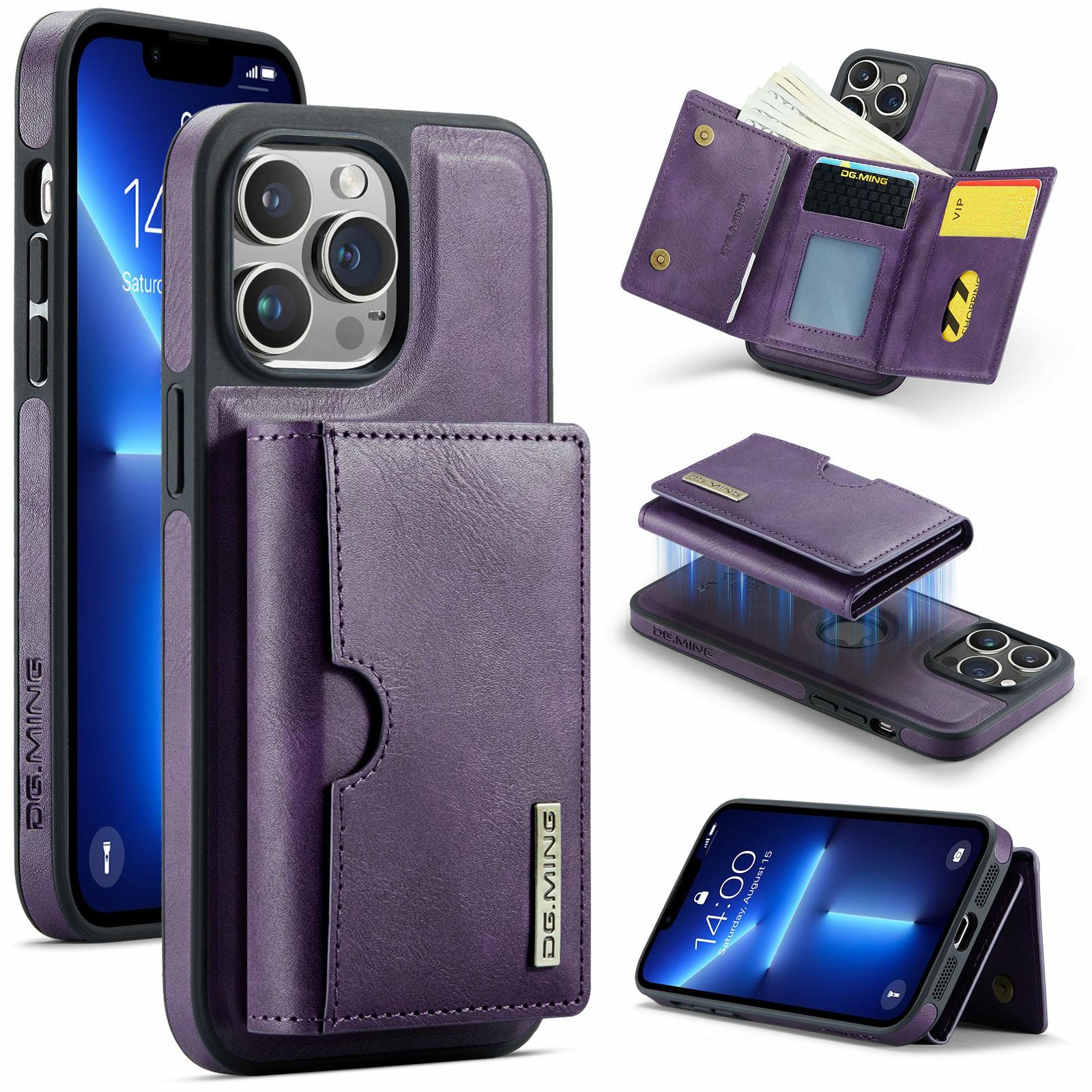 

DG.MING M6 Series For iPhone 13 Pro Case Magnetic Wallet PU+PC+TPU Phone Cover Purple
