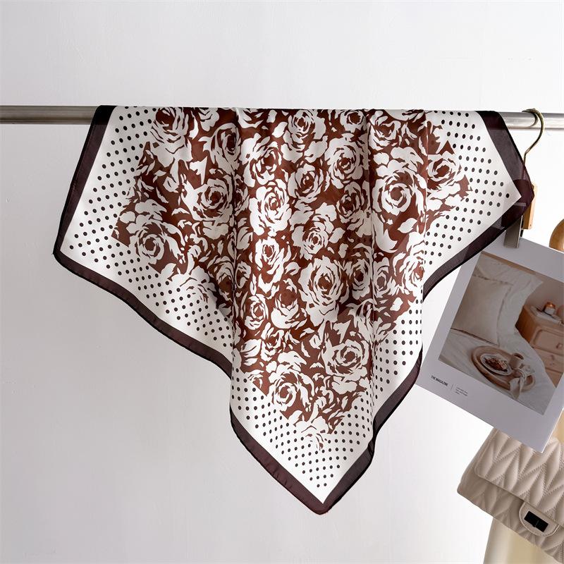 Polka Dot Rose Print Silk Scarf Square Scarf High-End Shawl Professional Versatile Neck Small Square Scarf Headscarf