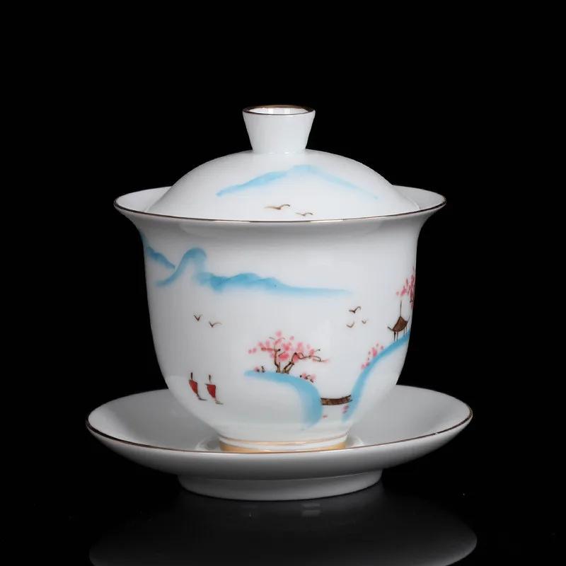 High Quality White Porcelain Gaiwan Portable Ceramic Tea Set Chinese Hand Painted Tea Bowl Tea Ceremony Accessories 170ml