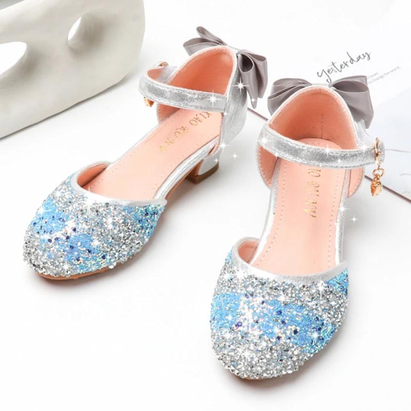 Children's Leather Shoes Fashion Sequins Kids Princess Single Shoes Glitter Bowknot Girls Party Wedding Sandals Dress Mary Janes