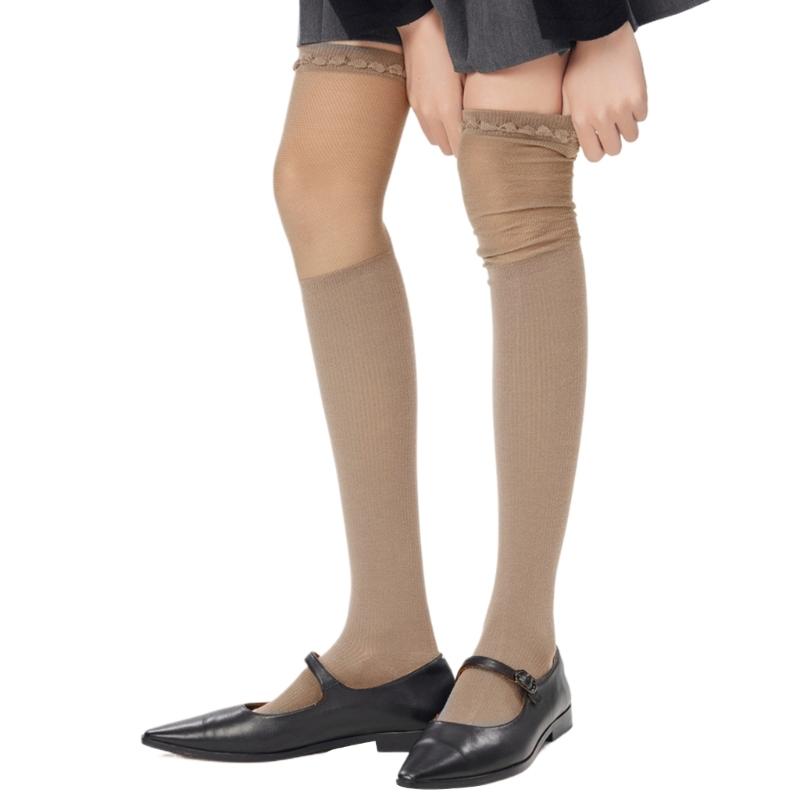 Solid Color Stretch Ruffle Trim Over Knee Long Socks for Women Japanese Student Sheer Mesh Splicing Thigh High Stockings