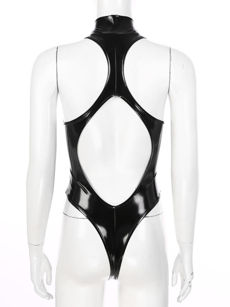 Dámský klubový kostým na pódium Mokrý vzhled Lakovaná kůže Body bez rukávů Zip Mock Výstřih výstřih Catsuit