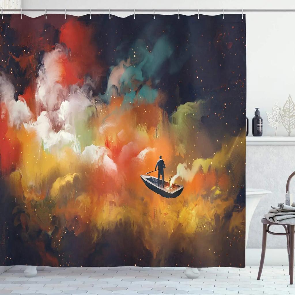 Norse Vikings Ship Shower Curtain Fantasy Boat Art Black and White Color Sailing Dragon Ship Bath Curtains for Bathtub with Hook