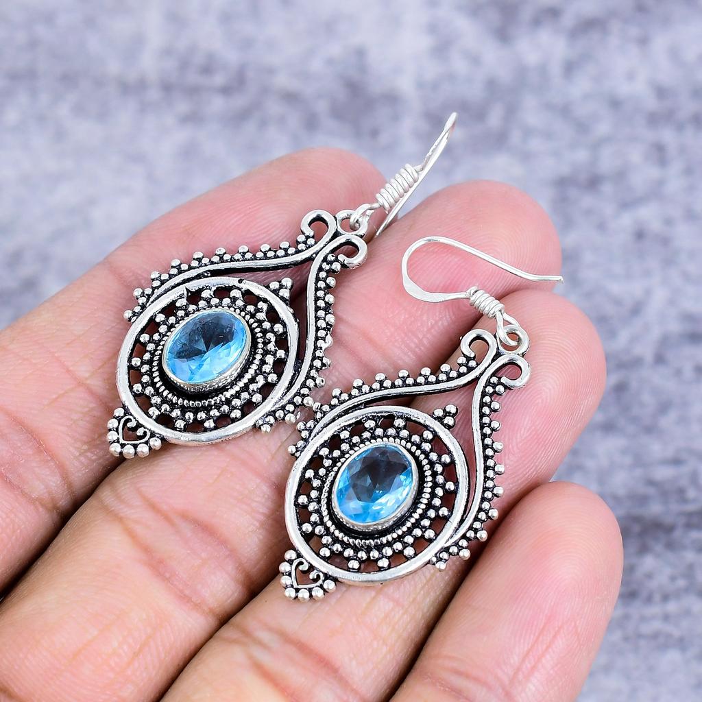 Swiss Blue Topaz Gemstone 925 Sterling Silver Jewelry Earring 2.05" M-2698