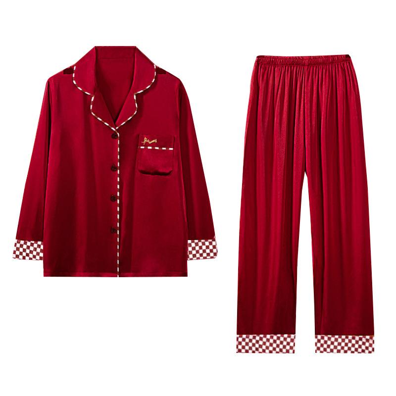Pajamas Spring Long Sleeves Simulation Silk Homewear Premium English Embroidery Red Set