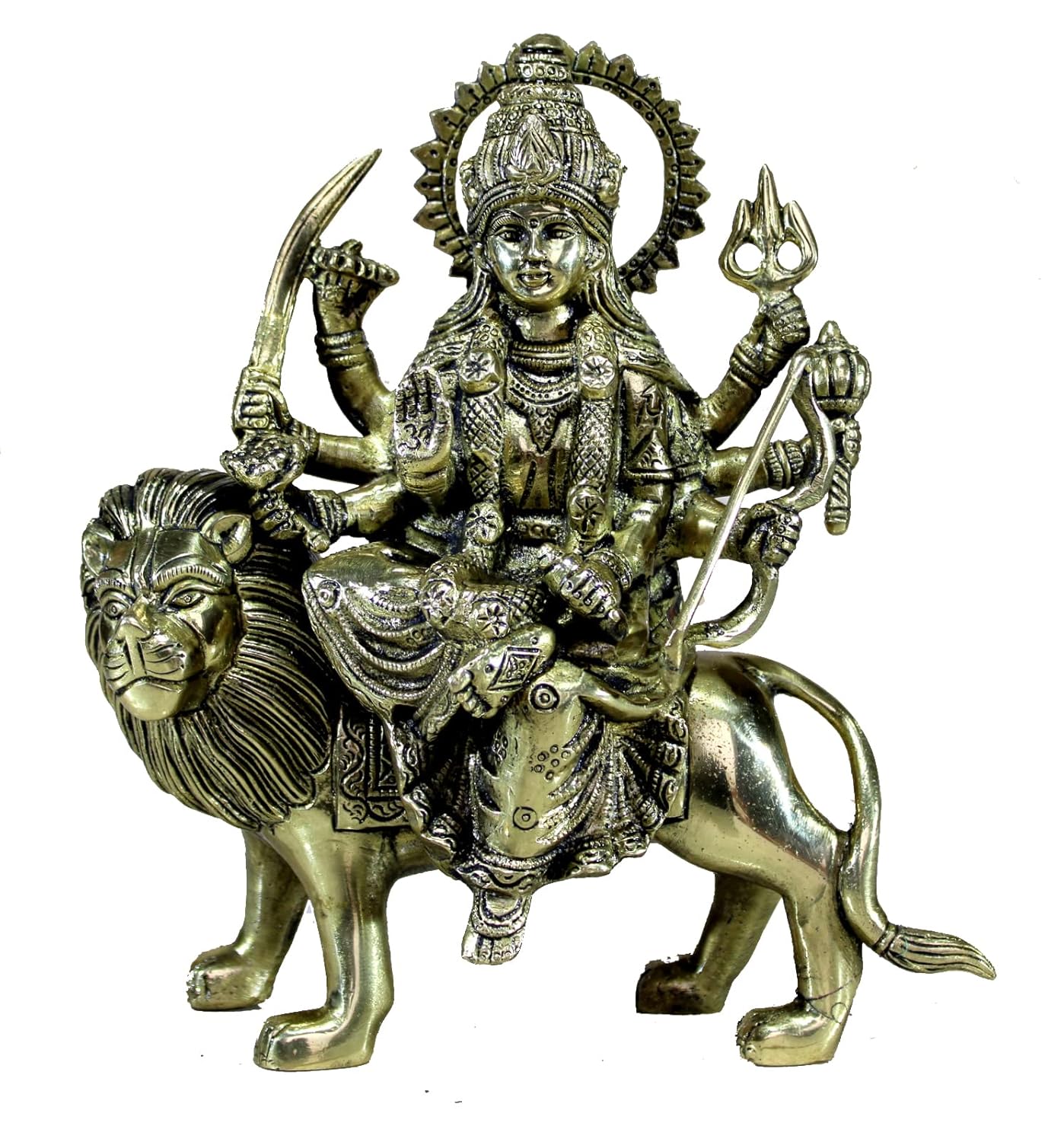 Pure Brass Maa Durga, Mata Rani Idol, Sherwali Mata Murti, Golden - 8.5 Inches
