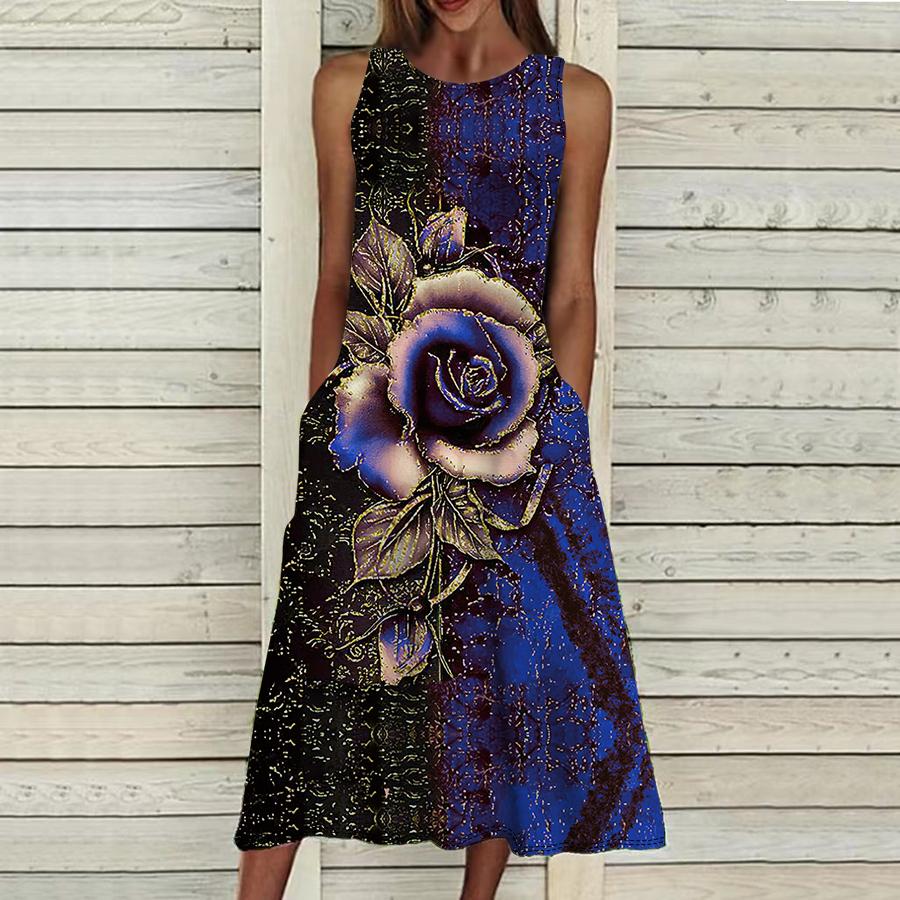 Summer Fashion Sexy Sleeveless Dress Soft Casual 3D Gilded Flower Print Dress Sleeveless Sling Dress Summer Suspender Dress