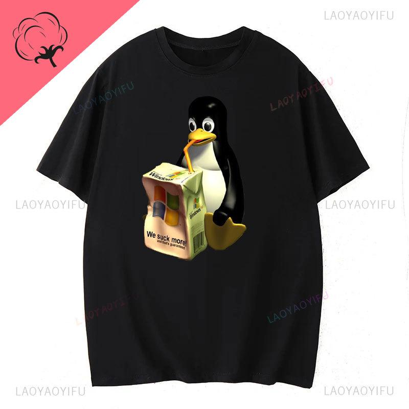 Camiseta Pinguim Linux Algodão Premium Roupa Masculina Lazer Harajuku Manga Camisetas Estéticas Camisetas Vintage Humor Streetwear
