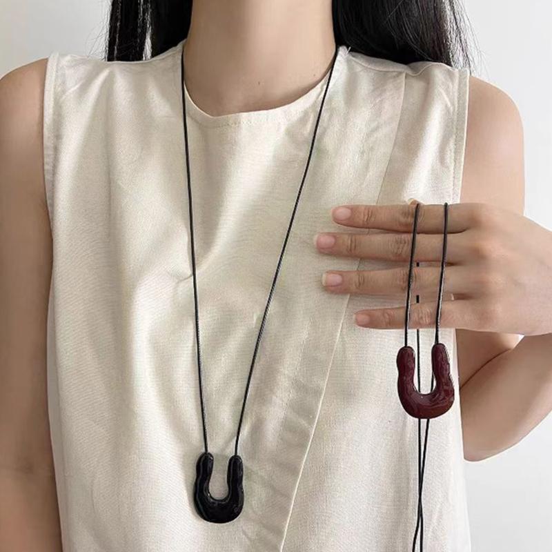 Trendy U Shape Outline Long Leather Cord Necklace Alloy Pendant Women Jewelry Accessory
