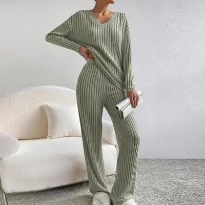 Autumn V-neck Long Sleeve Blouse And Pants Women Vintage Straight Trousers Stripe Knitted Pullover Two Piece Sets Outfits 29772