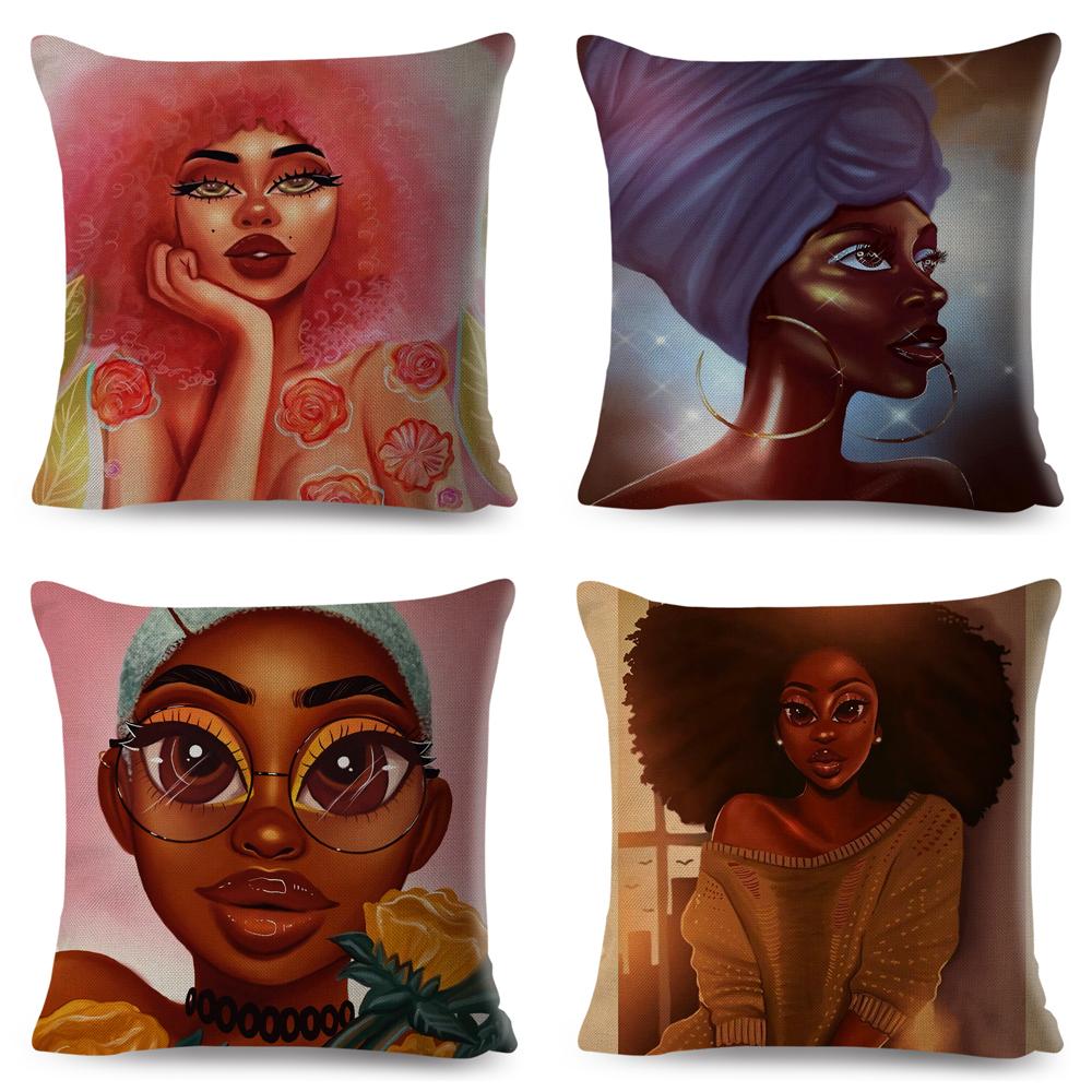 Beautiful Black Women Africa Girl Pillow Case Polyester Decor Colorful Cartoon Cushion Cover For Sofa Car Home Pillowcase 45X45