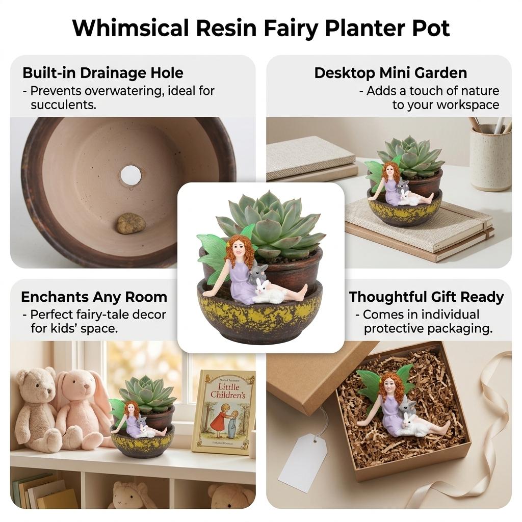 Resin Girl Rabbits Mini Landscape Planter Pot Succulent Decoration Elf Ornament With Drainage Hole For Small Plants
