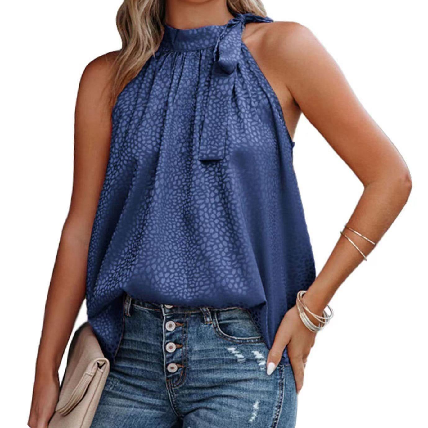 

Топ с леопардовым принтом, с бантом на шее, атласный жилет без рукавов, женские блузки и рубашки XXL тёмно-синий